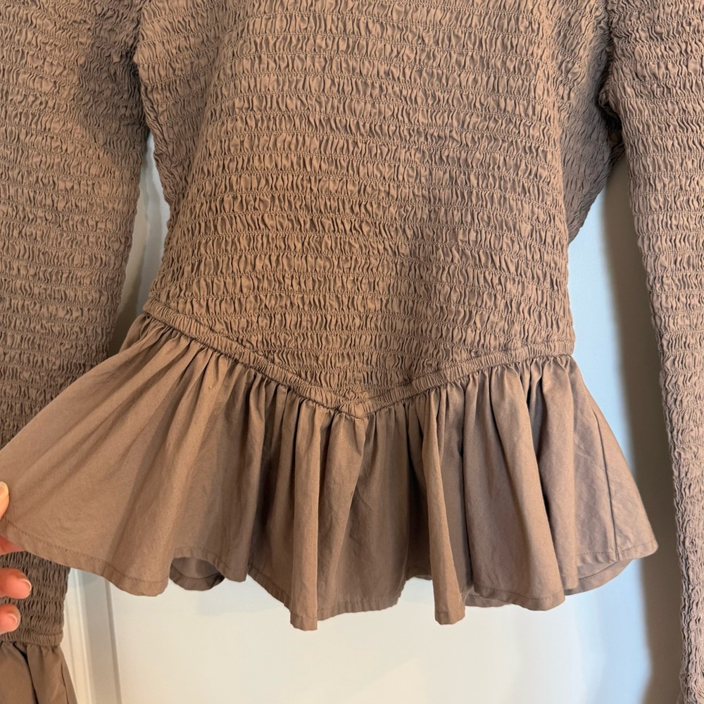 Free People Tropical Vibes Smocked Peplum Long Sleeve Top-Brown - Picture 7 of 8